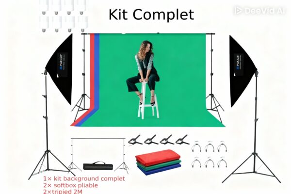 Kit studio 2 Softbox 50x70cm ,8 lampes, Background studio photographie video 3 couleurs