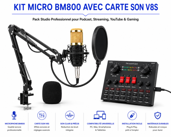 Kit Micro BM800 avec Carte Son V8S pour podcast et streaming