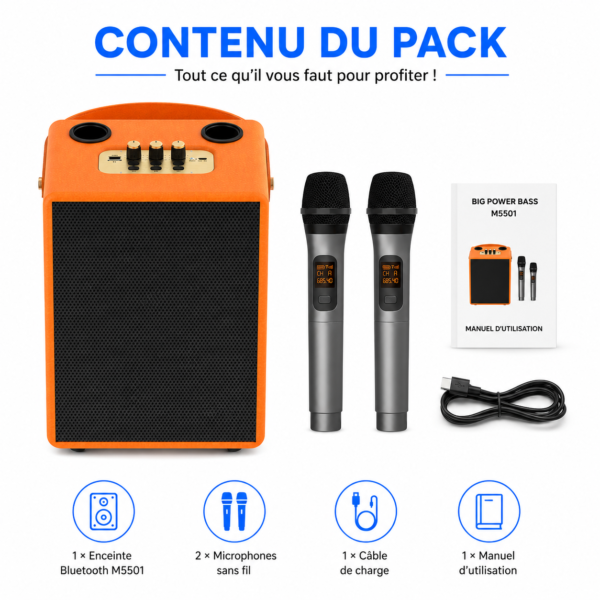 Enceinte Bluetooth Big Power Bass M5501 avec son puissant et LED RGB