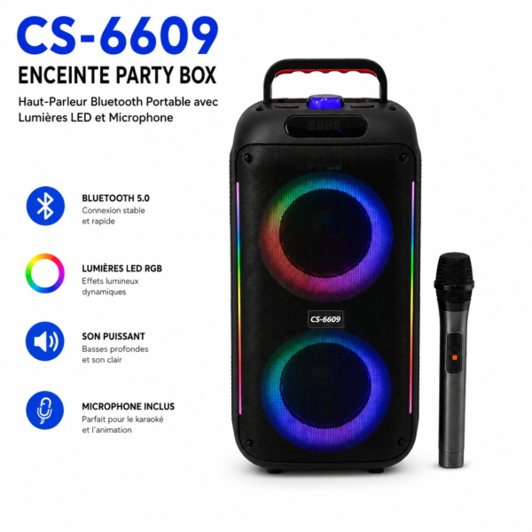 Enceinte Party Box CS-6609 Bluetooth avec lumières LED et microphone