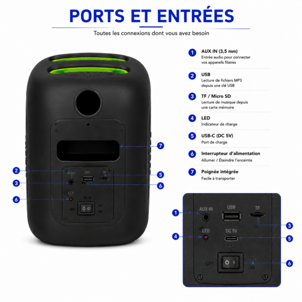 Party Box Bluetooth avec éclairage LED RGB pour soirées et anniversaires