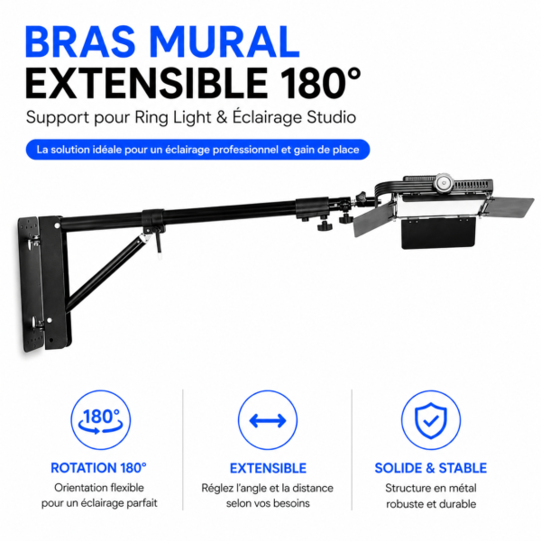 Bras mural professionnel extensible pour studio photo et vidéo