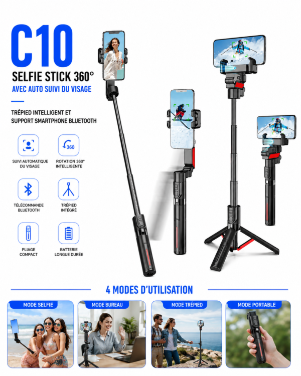 C10 Selfie Stick avec suivi automatique du visage et rotation 360 degrés