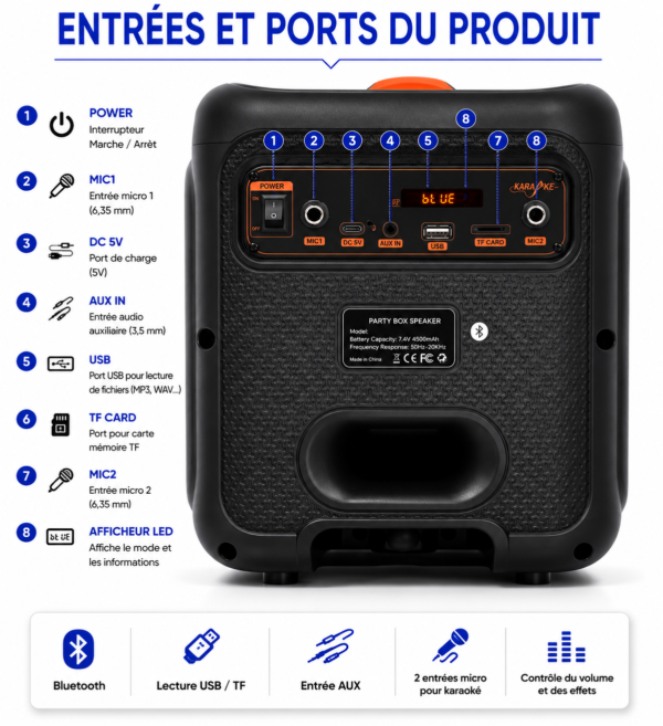 Party Box Bluetooth avec éclairage LED RGB pour soirées et anniversaires