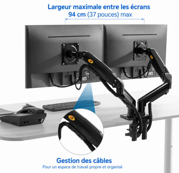 Bras articulé à ressort à gaz pour deux moniteurs