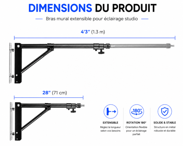 Support mural pliable pour Ring Light avec rotation 180 degrés