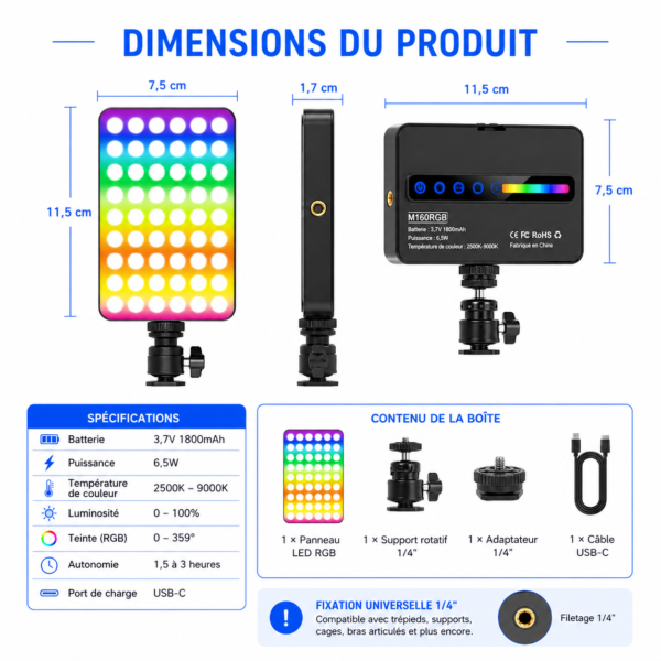 Mini panneau LED RGB Vencor M160 avec diffuseur
