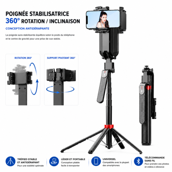 Selfie stick moderne avec trépied stable et base antidérapante