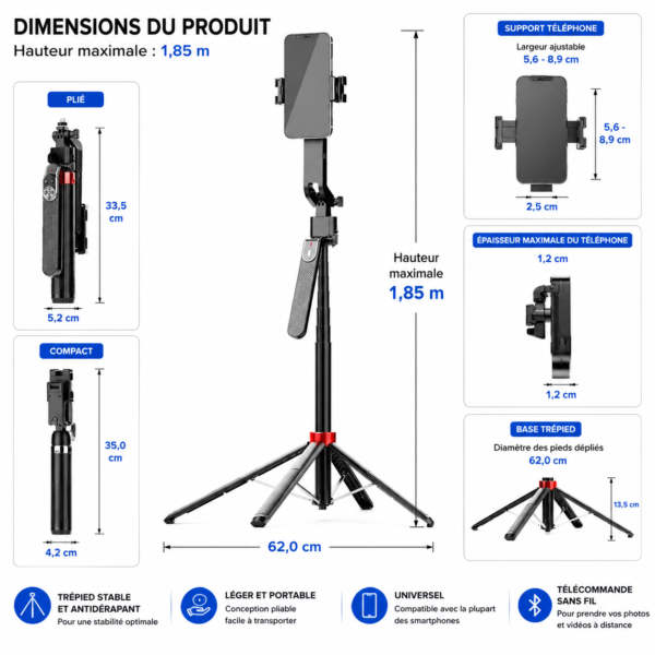 Support téléphone réglable avec rotation 360° pour vidéo mobile