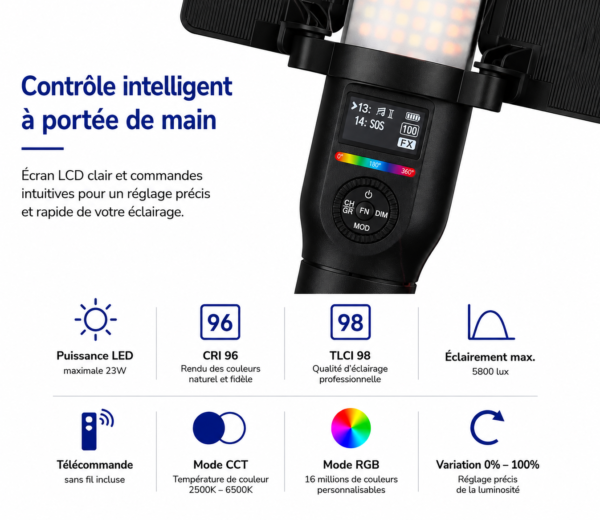 Éclairage LED RGB multicolore avec volets pour création de contenu