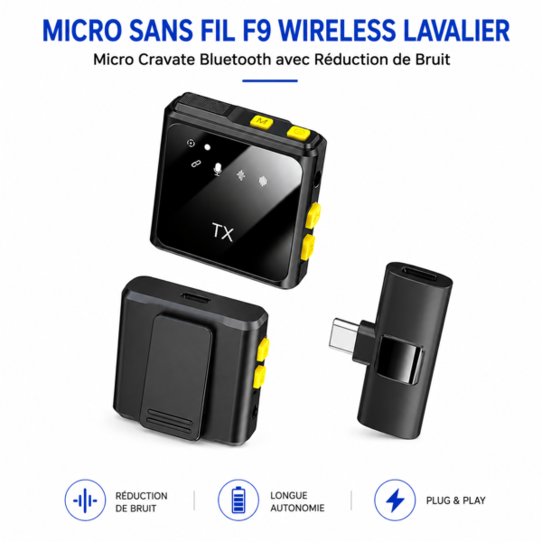 Microphone Bluetooth F9 Plug and Play compatible USB-C et Lightning