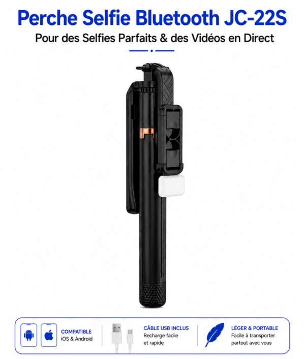 Selfie Stick Bluetooth JC-22 extensible jusqu'à 1,85 m avec télécommande