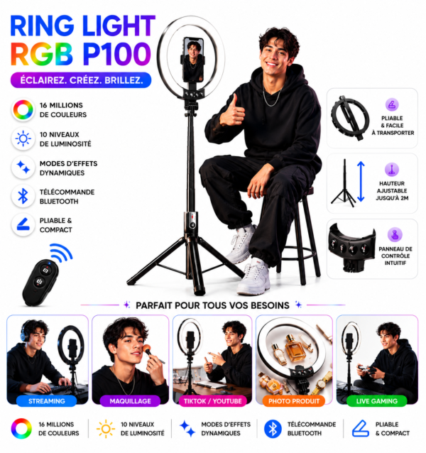 ring light p100 lumière rgb multicolore