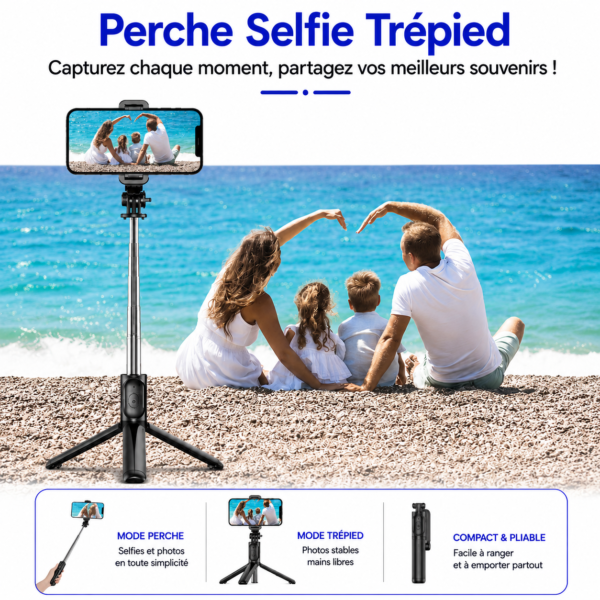 Perche selfie Bluetooth avec rotation 360 degrés et support téléphone