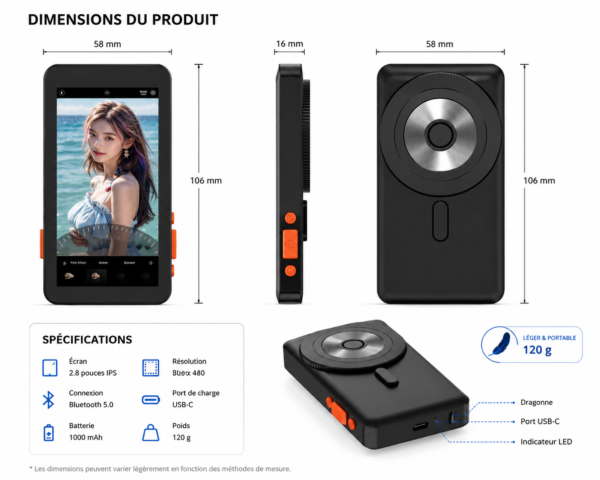 Accessoire selfie magnétique avec écran LCD HD