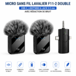 Micro cravate sans fil F11-2 compatible USB-C Lightning et Jack 3.5 mm