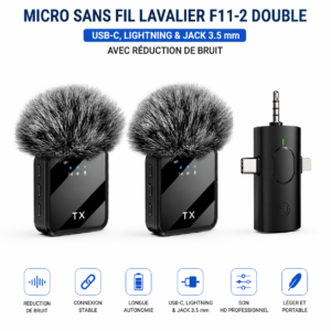 Micro cravate sans fil F11-2 compatible USB-C Lightning et Jack 3.5 mm