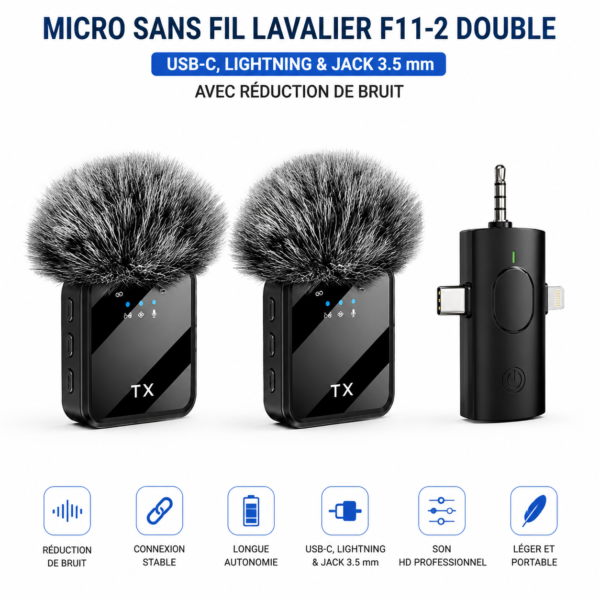 Micro cravate sans fil F11-2 compatible USB-C Lightning et Jack 3.5 mm
