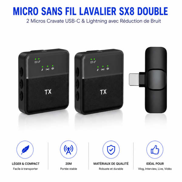 Double micro cravate sans fil USB-C et Lightning pour smartphone
