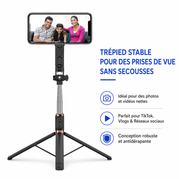 Perche Selfie Bluetooth JC-18H avec lumière LED et trépied intégré