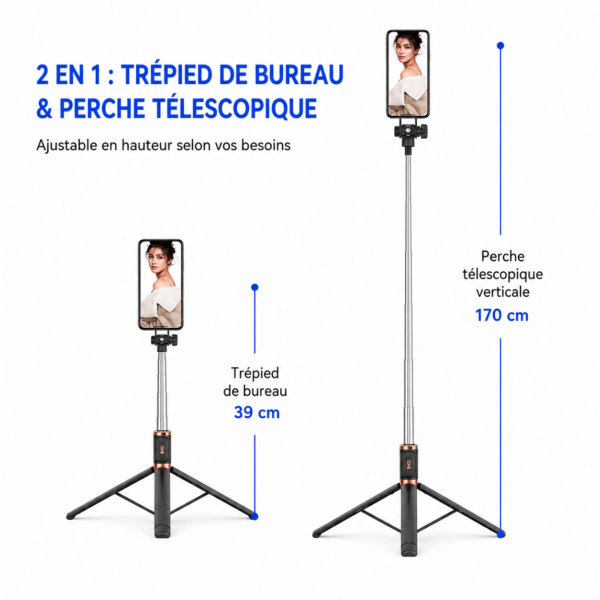 Perche selfie avec télécommande Bluetooth pour TikTok et YouTube