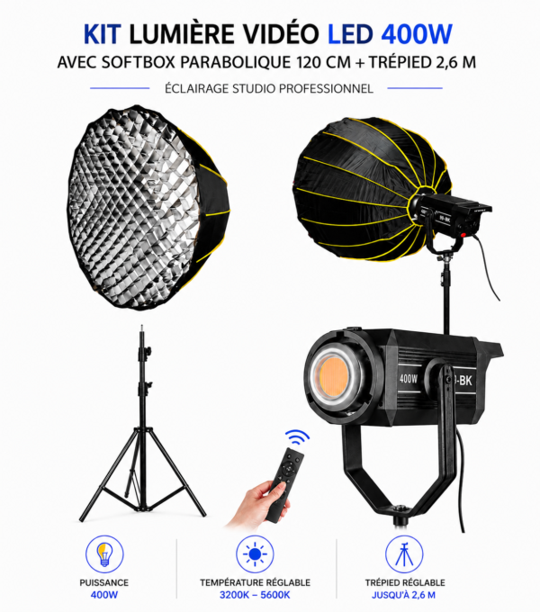 Kit Lumière Vidéo LED 400W avec softbox parabolique 120 cm