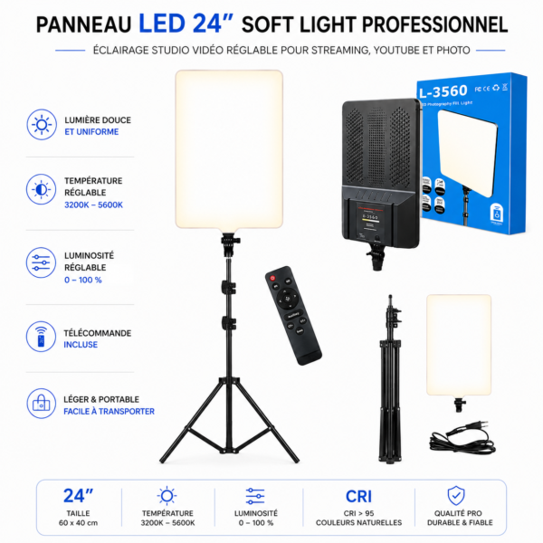 Panneau LED Soft Light 24 pouces pour photo et vidéo