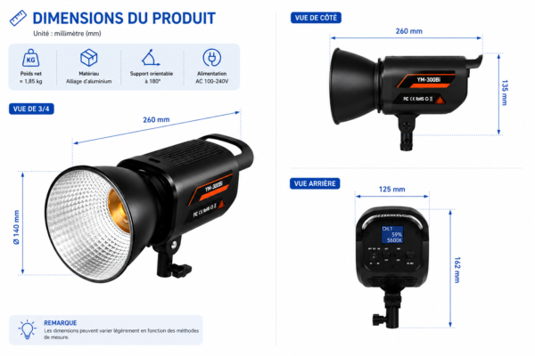 projecteur cob ym-300bi 300w professionnel