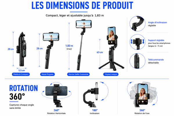 Gimbal selfie stick extensible 1,83 m pour vidéos, vlogs, TikTok et streaming