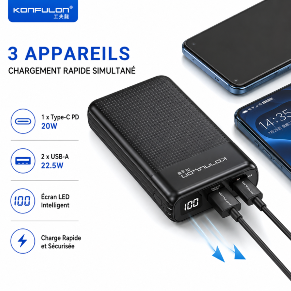 Batterie externe KONFULON 20000 mAh avec écran LED