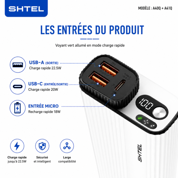 Power Bank SHTEL A40Q 10000 mAh avec charge rapide 22.5W