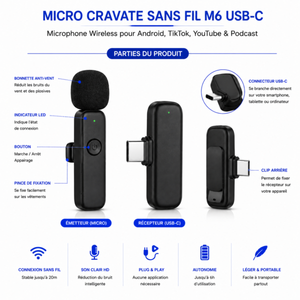 Micro Cravate Sans Fil M6 USB-C