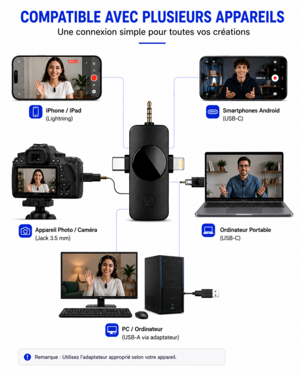 Microphone sans fil USB-C Lightning Jack 3.5 mm