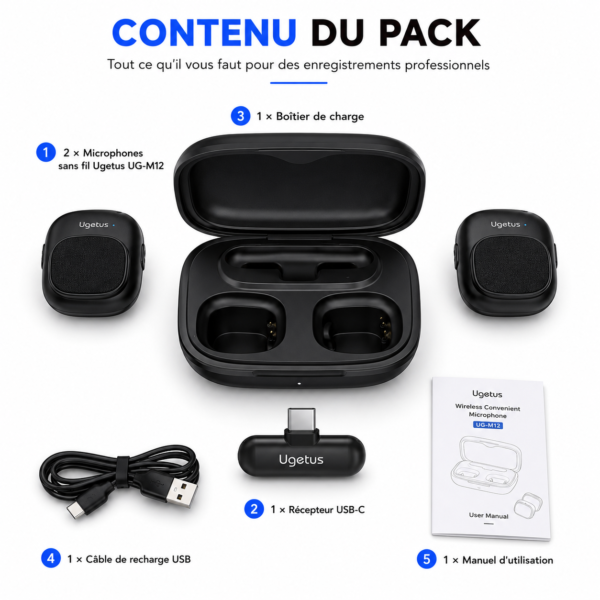 Double microphone sans fil avec boîtier de recharge