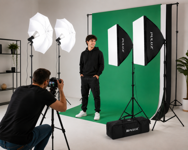 Studio photo avec softbox et parapluies