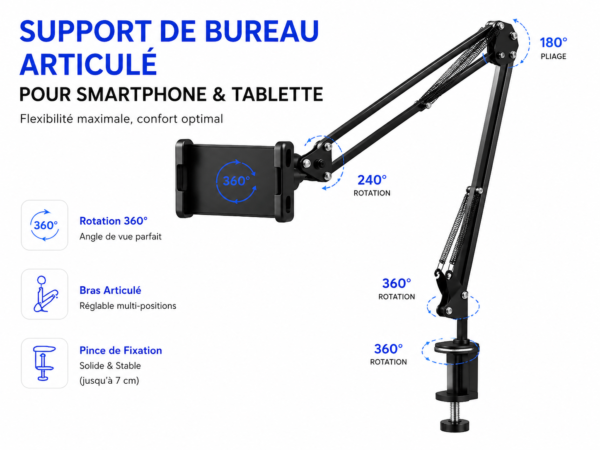 Bras articulé rotation 360° pour téléphone