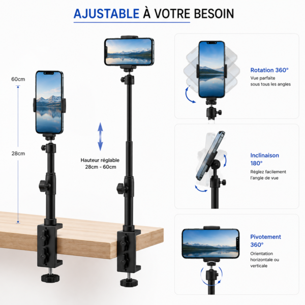 Support téléphone avec pince de fixation