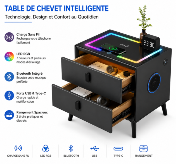 Meuble de chevet avec chargeur Qi