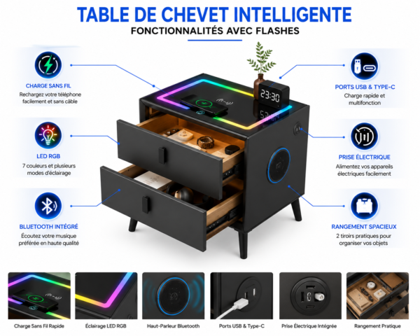 Table de chevet avec ports USB Type-C