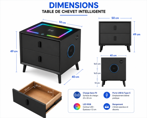 Table de chevet moderne avec 2 tiroirs