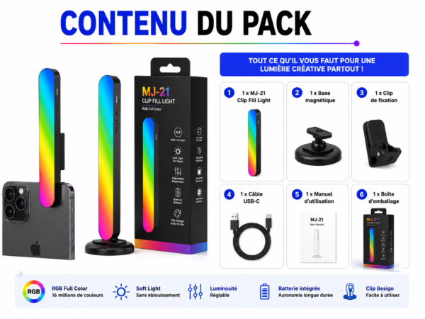 Lumière RGB portable avec luminosité réglable