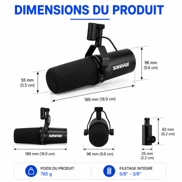 Microphone Shure SM7B avec bonnette anti-vent et support