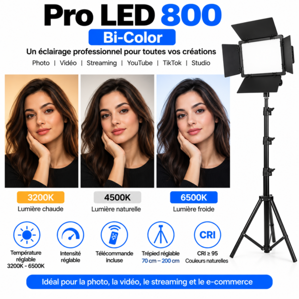 Panneau LED 800 Bi-Color avec température réglable de 3200K à 6500K