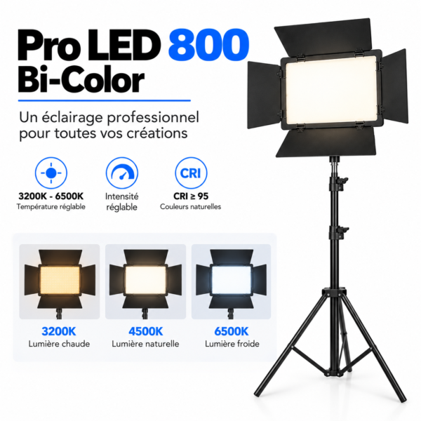 Panneau LED 800 Bi-Color avec trépied réglable jusqu’à 2 mètres